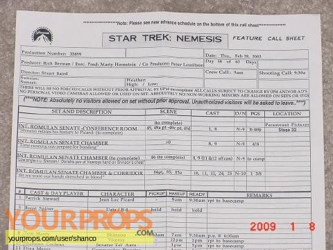Star Trek  Nemesis original production material