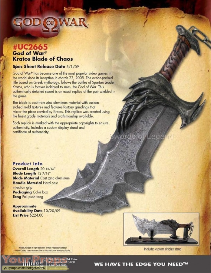 God Of War (video game) United Cutlery movie prop weapon