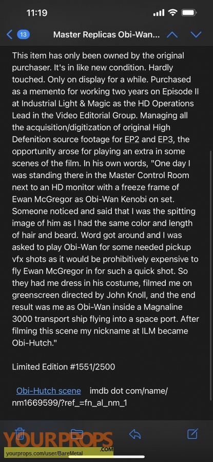 Star Wars Episode 2  Attack of the Clones Master Replicas movie prop