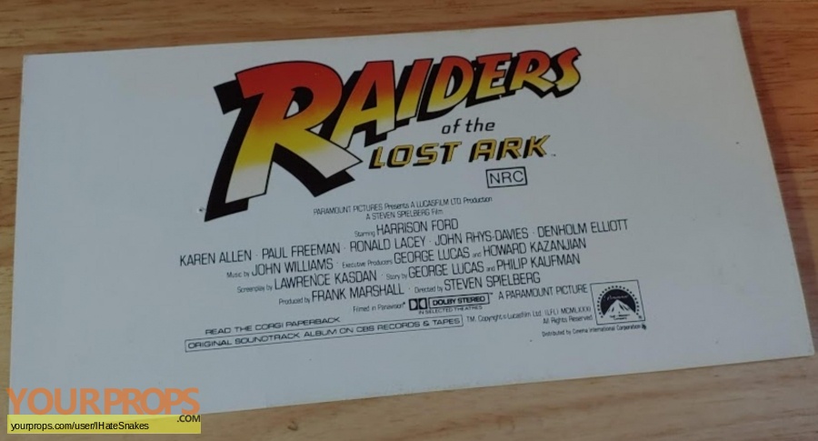 Indiana Jones And The Raiders Of The Lost Ark original production material